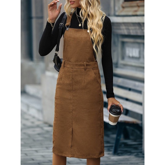 BohoGypsyDreamer.com Dresses & Skirts - Slit Hem Corduroy Overall Dress (Without Sweater) camel brown tan